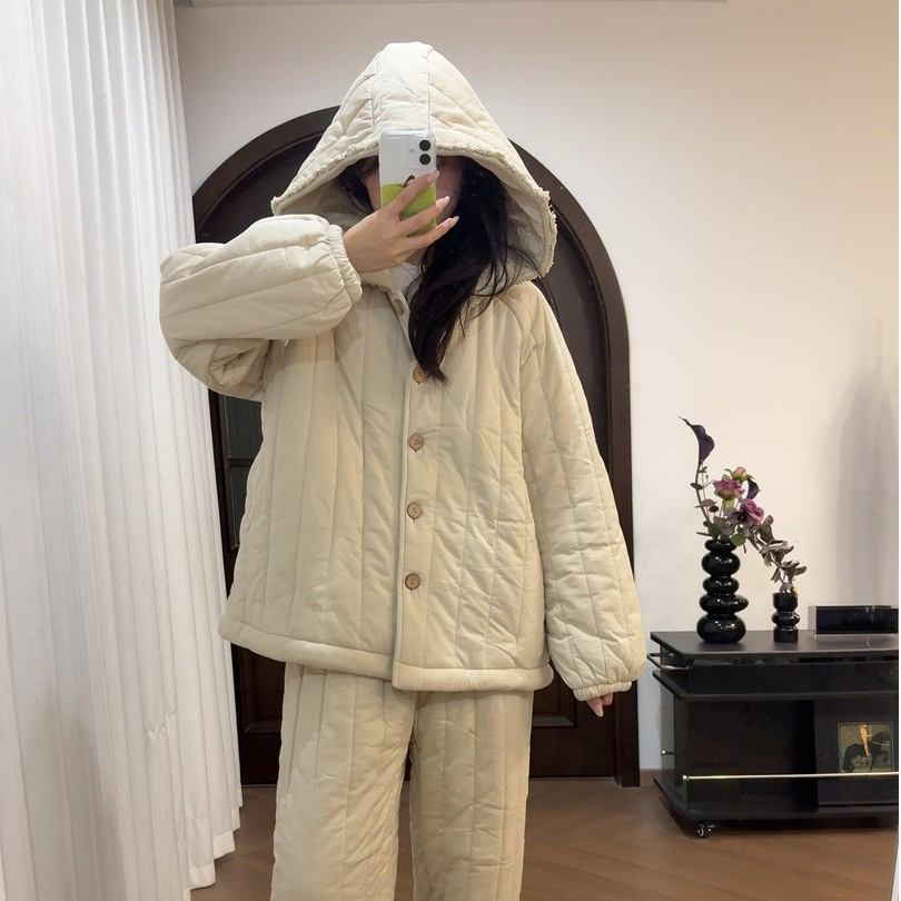 高级感穿搭韩版连帽夹棉睡衣女秋冬季新款加厚棉服保暖家居服套装