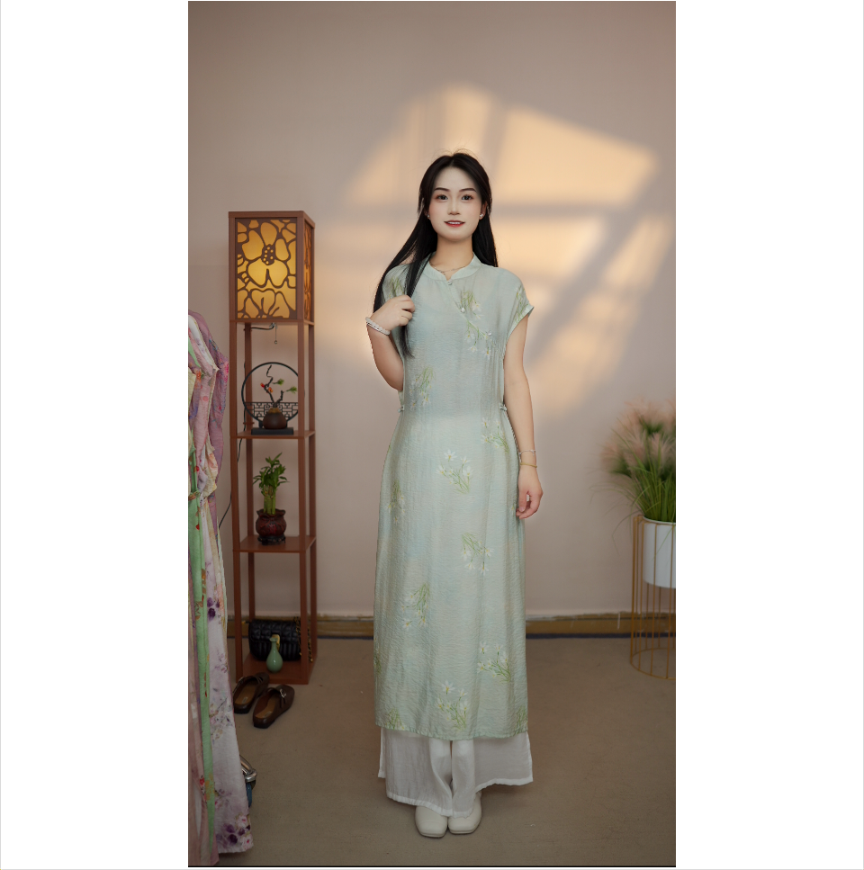 绣麻【水仙花】月亮袖018新款夏季女装连衣裙新中式气质百搭显瘦
