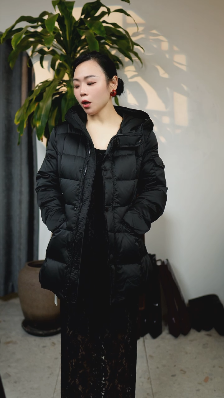 高定修身款连帽白鹅绒服，黑色，S码，填充：90白鹅绒175克