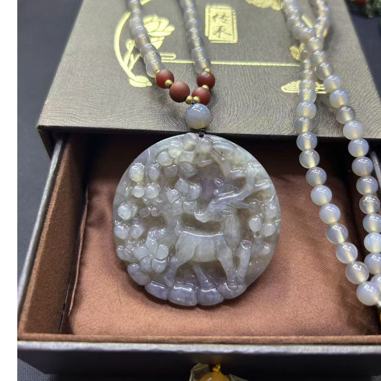 和田烟紫 梅花鹿 一路平安 路路通全玉珠链双面工艺项链