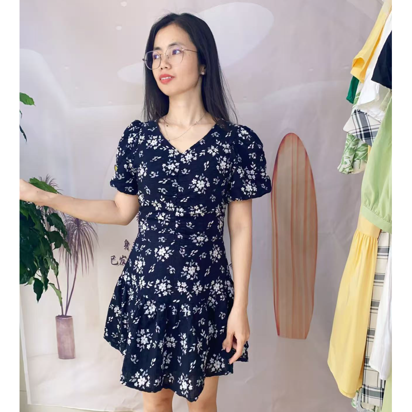 拉链短袖系带碎花夏季中连衣裙复古花色印花夏款女士显瘦气质