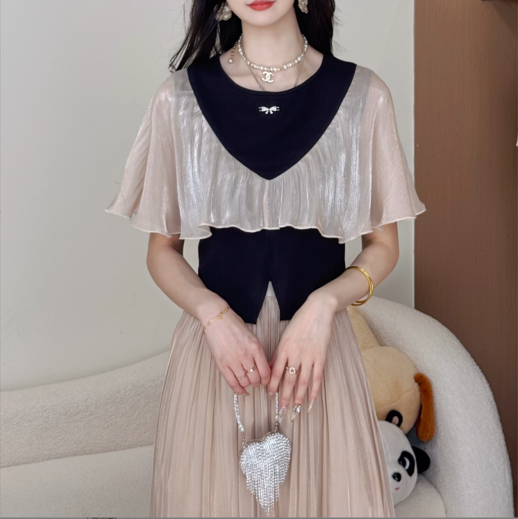 【上衣+裤子】2025夏新款琉璃冰丝垂感宽松显瘦设计感裙裤子+上衣