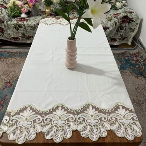 ZN131A-31意大利绒【115*115】珍珠白意大利绒加毛巾绣花边桌布