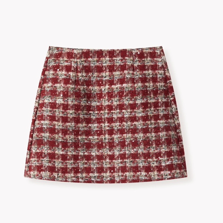 羊城故事-冬季氛围感格纹高腰a字半身裙女冬包臀短裙7680