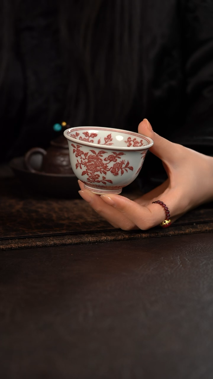 【闪购商品】杯贵红窑釉里红三多压手杯