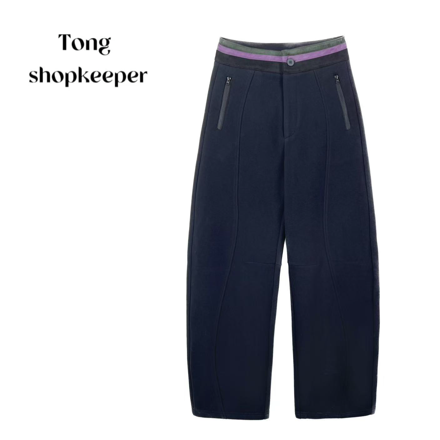 QJ/彤掌柜1683059 冬季25加绒简约撞色口袋厚实保暖直筒休闲裤