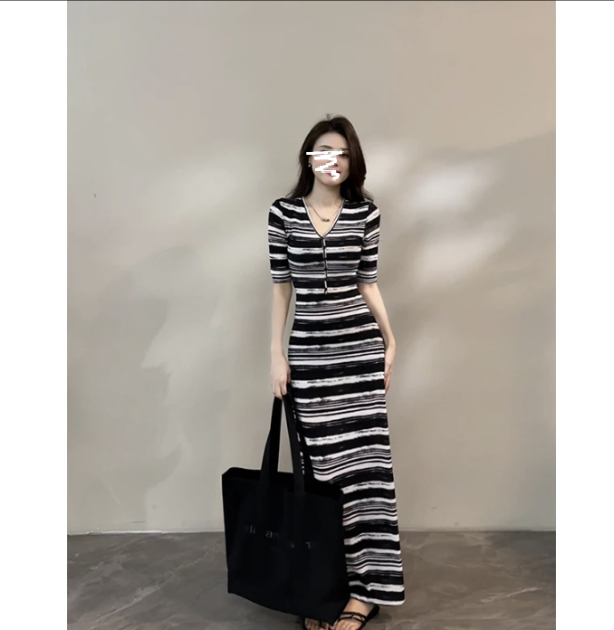 长裙纯欲风夏季短袖条纹设计感连衣裙女装时尚减龄3324# 