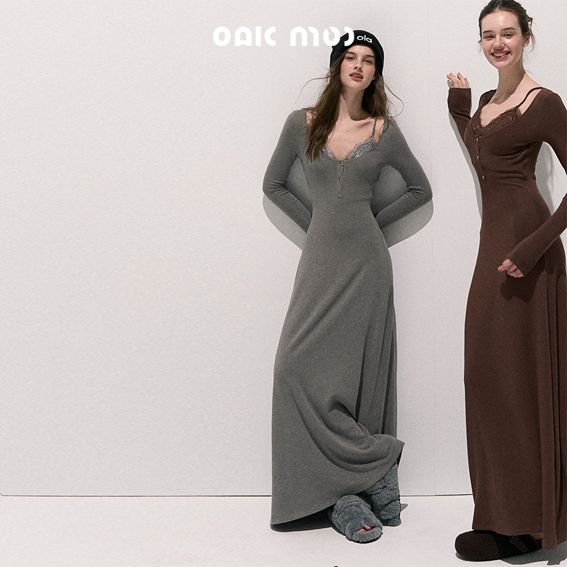 OAKMOO/无袖微喇袖蕾丝A摆针织连衣裙