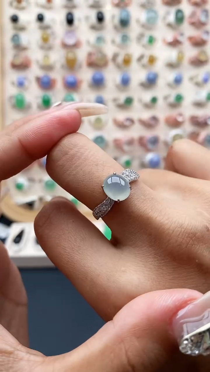 【闪购商品】翡翠戒指银S925镶嵌缅甸天然A货翡翠333 3+5