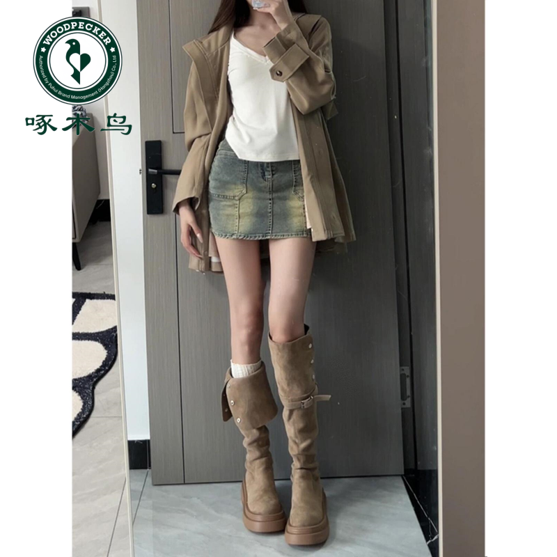 啄木鸟厚底长筒靴女2025秋冬新款不过膝绒面长靴显瘦高筒骑士靴子