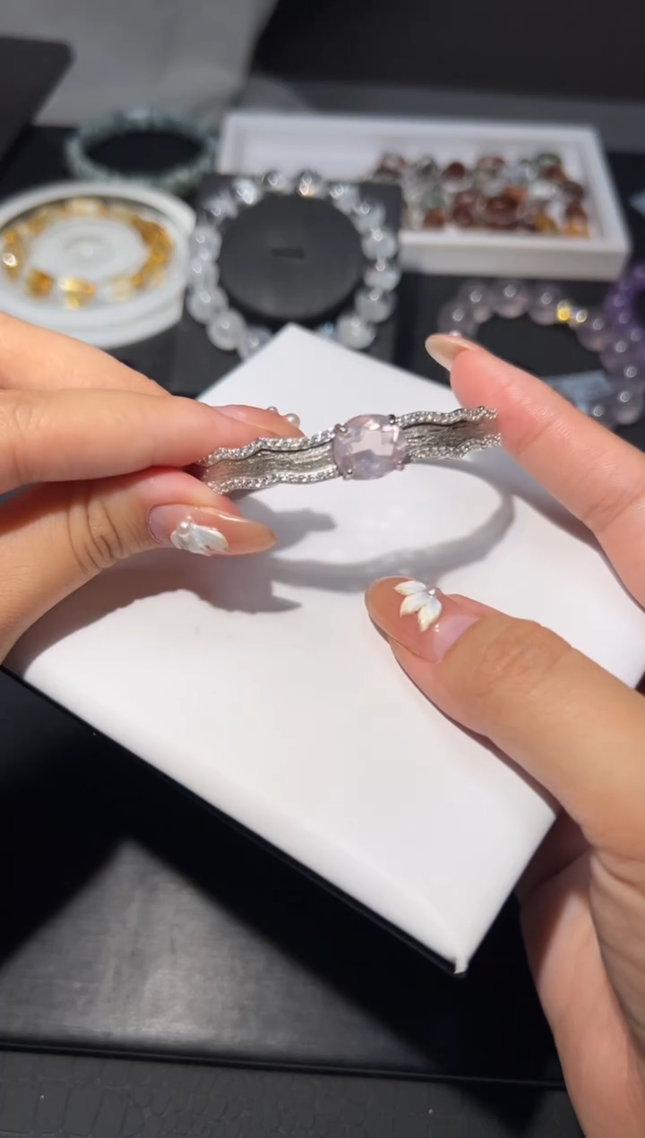 银S925镶嵌手链芙蓉石粉水晶手镯