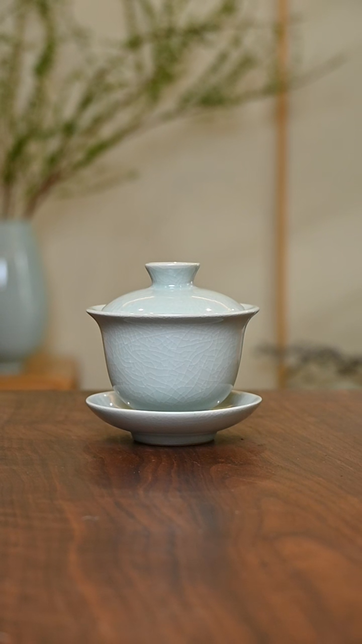 盖碗 粉青釉 微瑕 朱家款