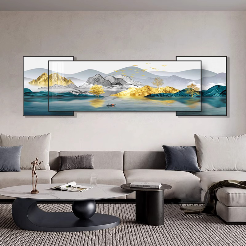 客厅沙发现代风三叠山川风景羽毛流光装饰画轻奢手工晶瓷装饰挂画