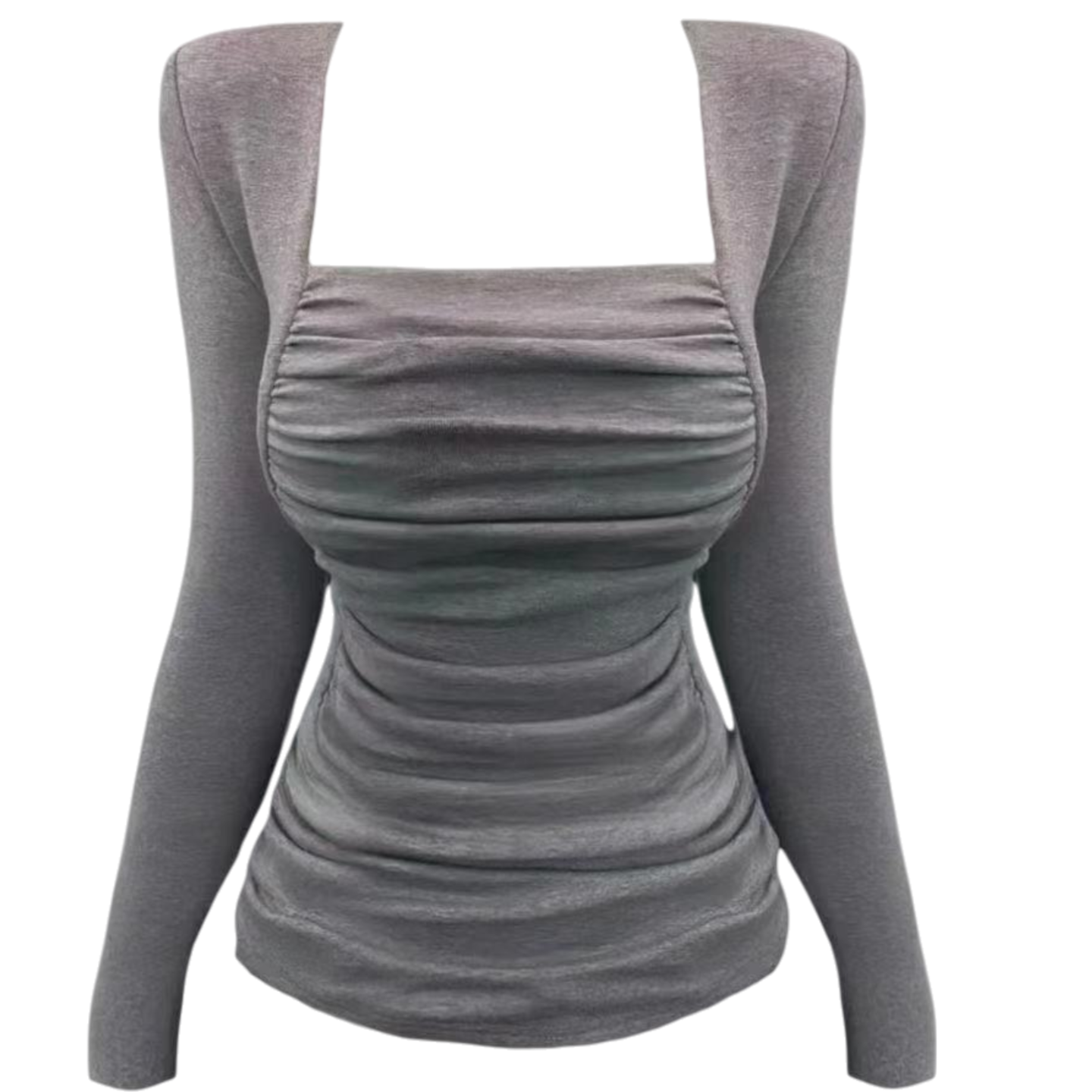 小富婆家纯欲极简风方领褶皱长袖女秋季修身显瘦上衣T恤