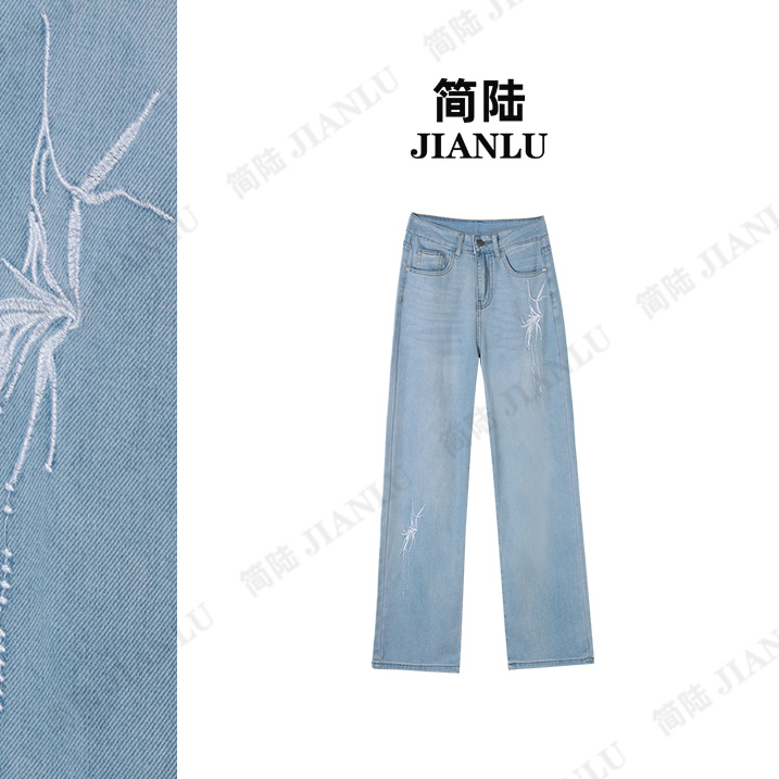简陆【青竹】2025新款薄款牛仔裤女装新中式绣花国风直筒裤子-9529