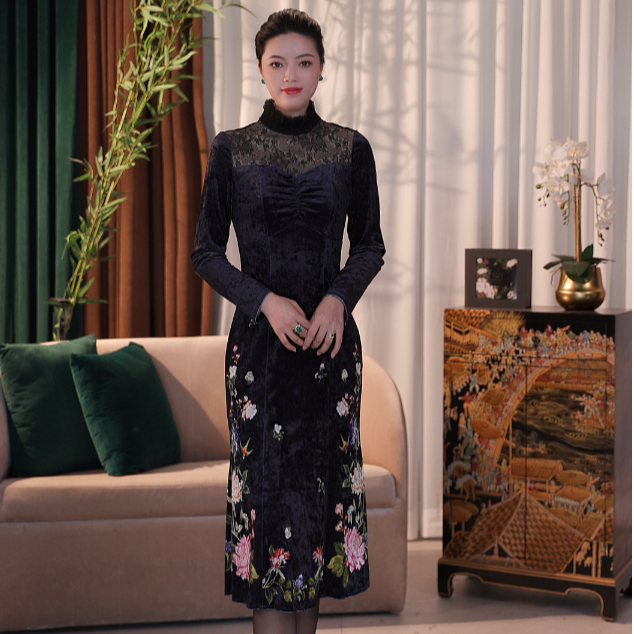 SUSSI/古色奥莱专供【墨穹星尾】法式立领长袖丝绒星空黑鱼尾连衣裙