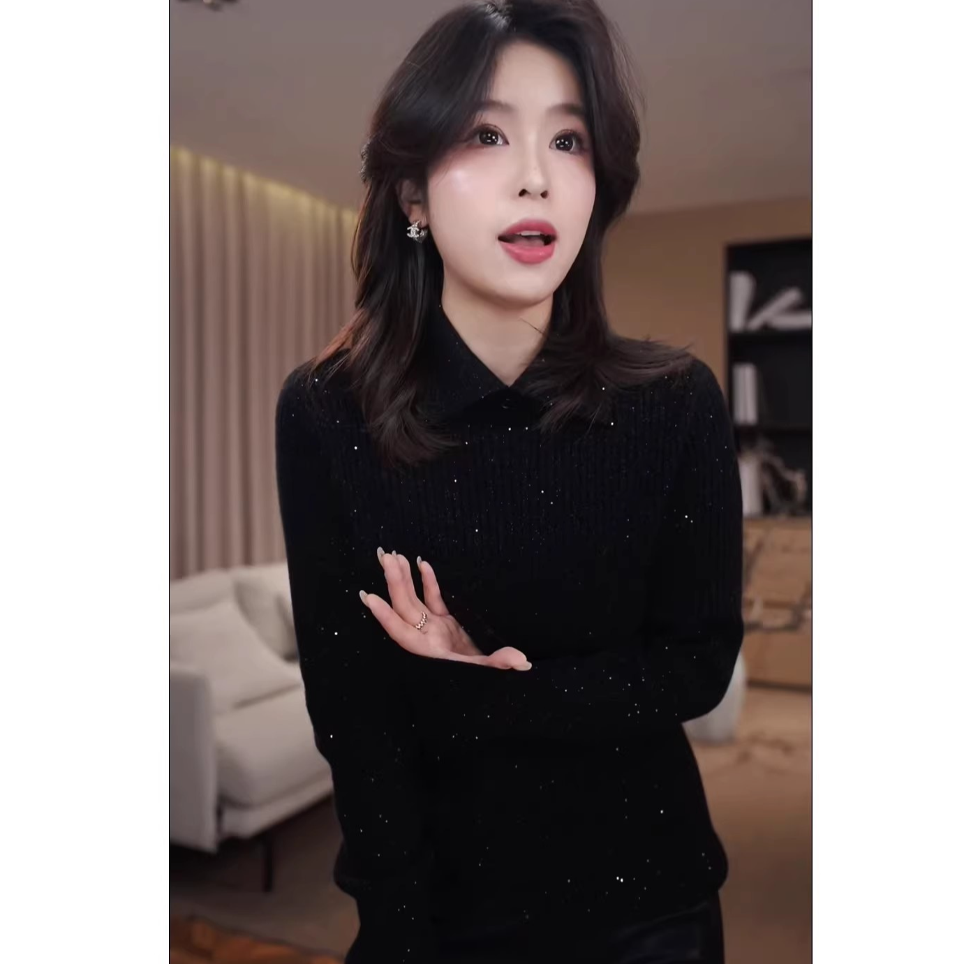 广州琴姐【隐奢序曲】绵羊毛羊绒翻领亮片针织衫打底毛衣女冬 76589