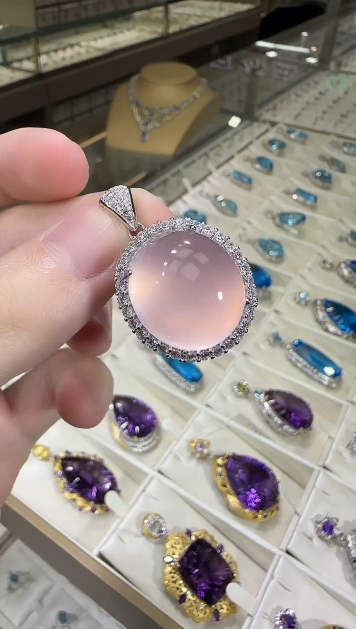 颈饰银S925镶嵌芙蓉石18*20mm星光粉水晶