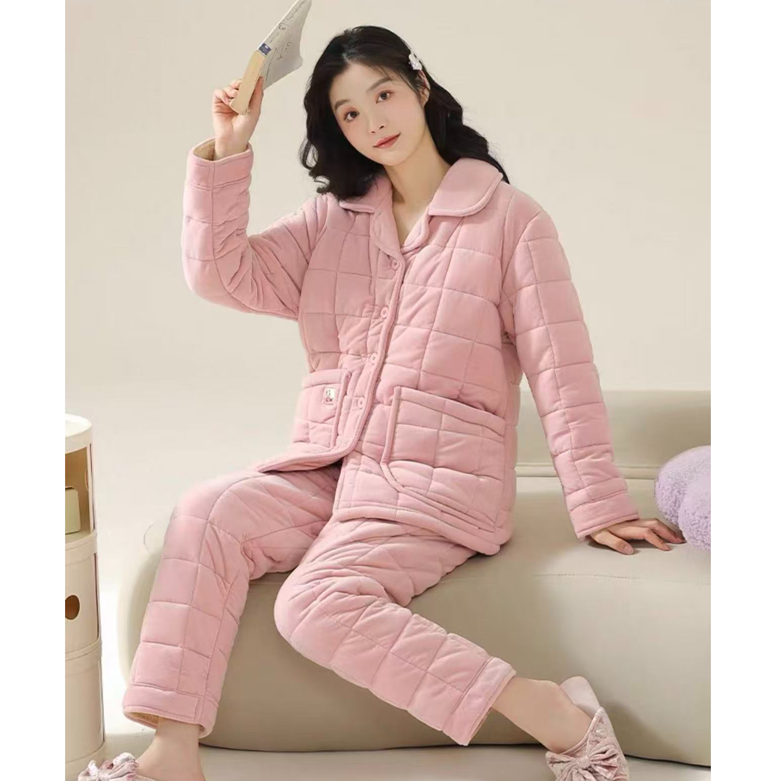9188-女士（贝贝绒）不掉毛三层夹棉外穿特厚睡衣套装（粉色）