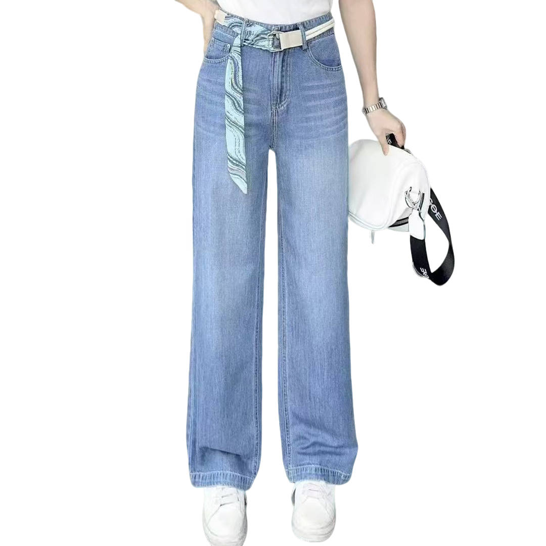 FF-2A296高腰直筒女春夏薄款显瘦垂感阔腿拖地休闲裤蓝色牛仔裤