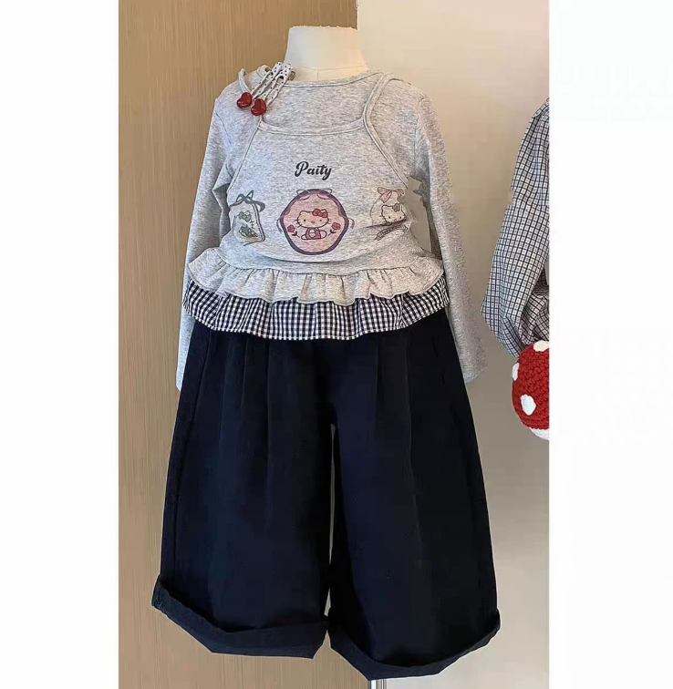 女童秋季新款套装假两件卡通印花kt猫咪上衣阔腿裤两件套