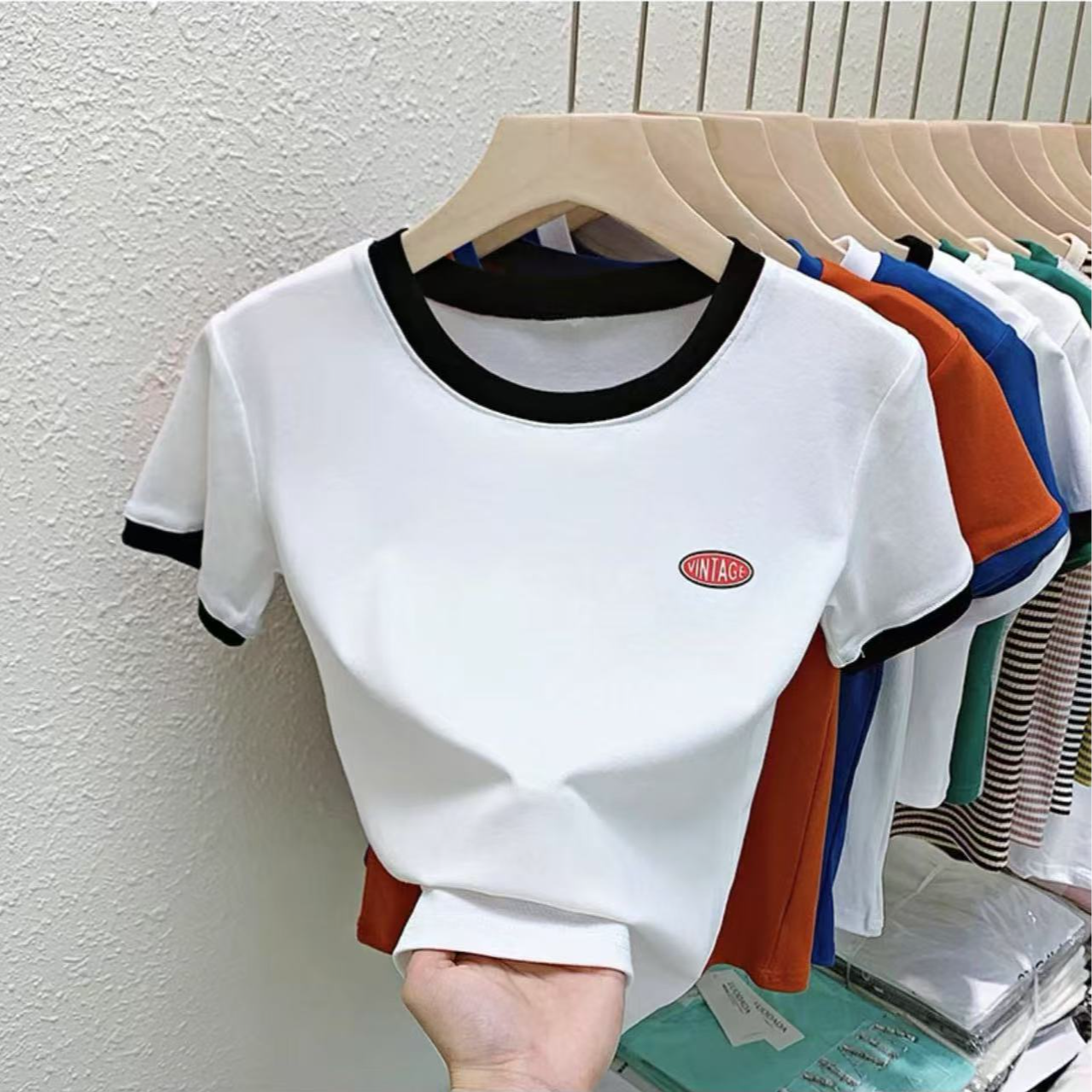 欧货撞色正肩短袖t恤女夏季新款修身显瘦短款上衣615