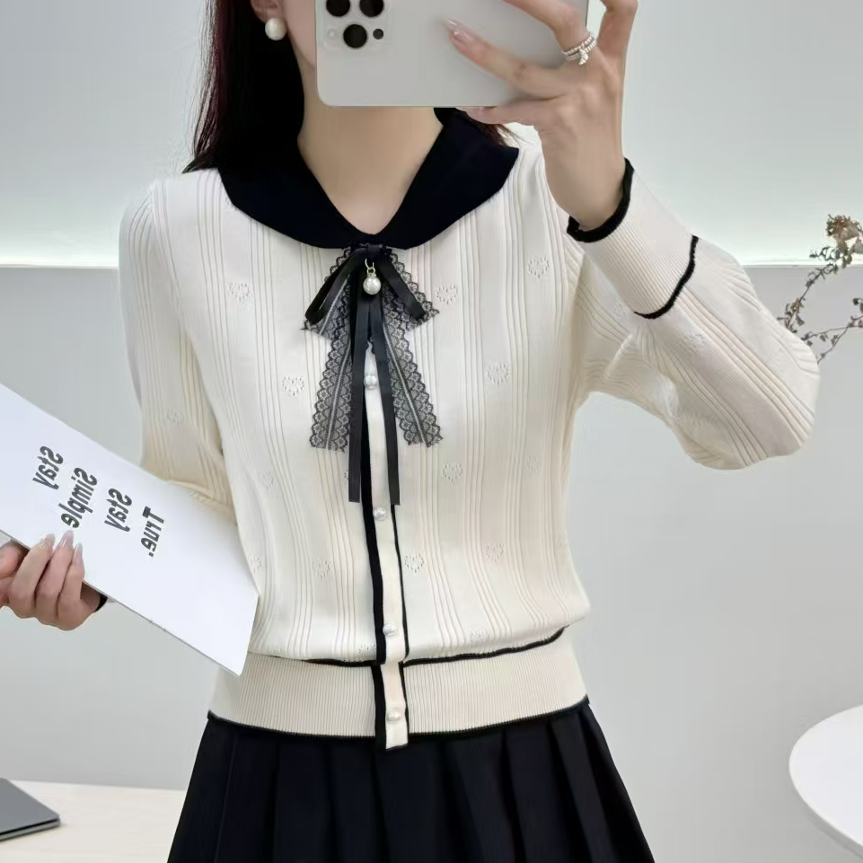 毛针织衫娃娃领百搭厚款娃娃秋冬针织衫长袖拼色