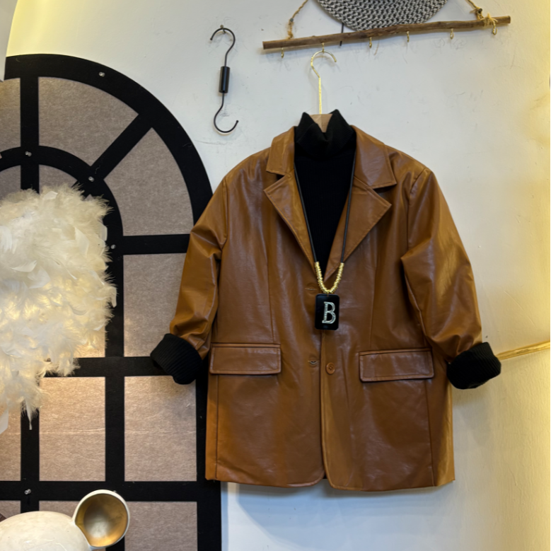 D25 122904 西装皮衣外套长款新款气质显瘦时尚宽松韩版西服