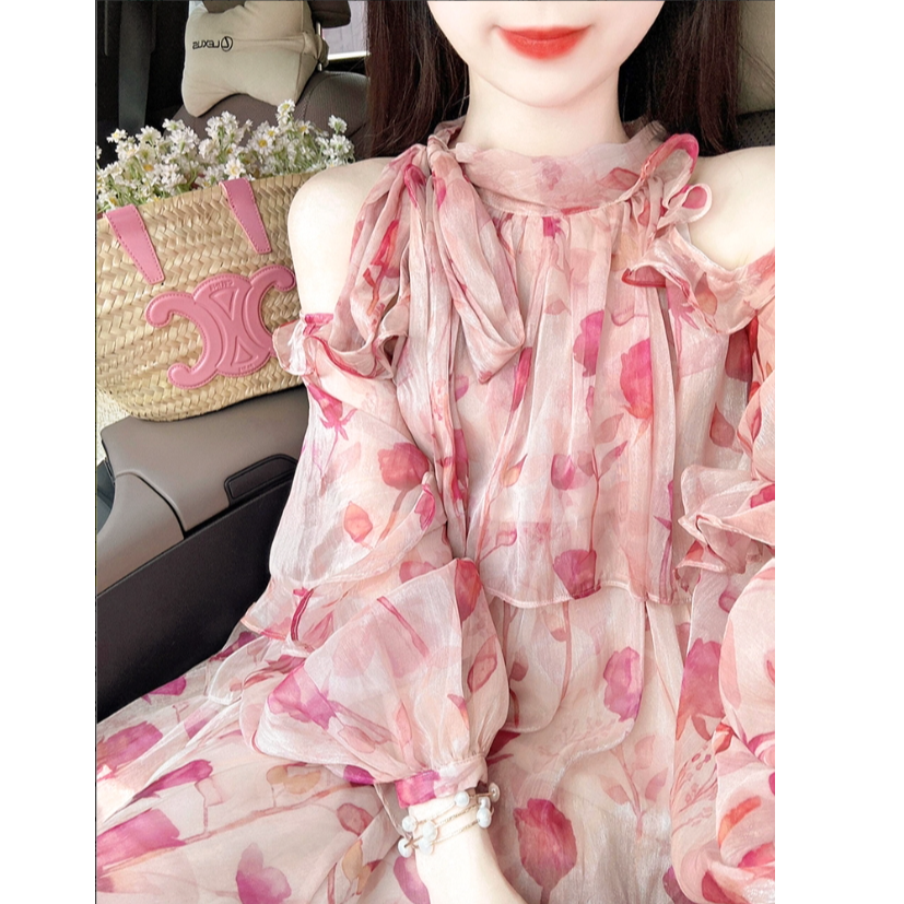 高级感法式气质茶歇碎花挂脖连衣裙JYFMMX2024050801