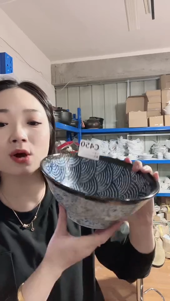 【闪购商品】瓷片日本进口瓷器青海波21cm面碗C450