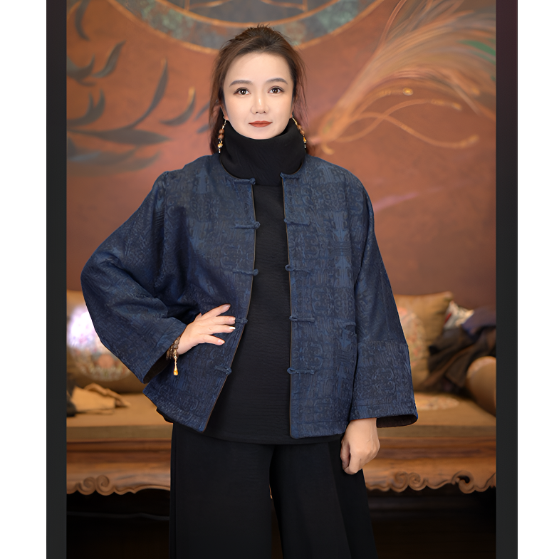 爱上莲心【宝蓝色饕餮纹】油丝提花圆领对襟夹克 新中式老钱复古