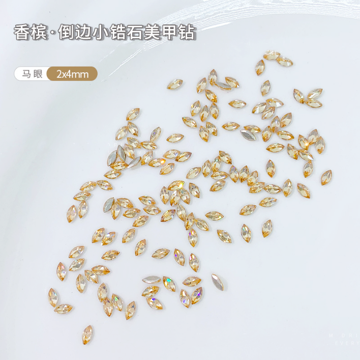 5A平底倒边锆石水晶马眼香槟色1.5×3平底马眼麦穗款迷你超闪金色