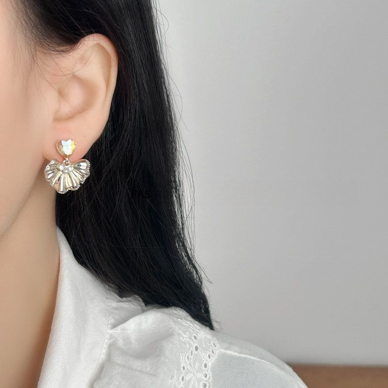 铜合金锆石耳饰 QIAN XI S925银针香槟色爱心锆石心型银杏叶耳环