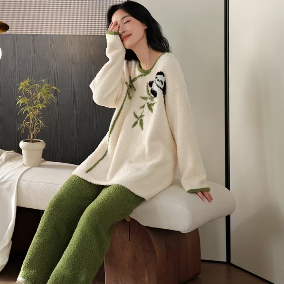 半边绒新中式厚款冬季女套装保暖高密度女士加绒半边绒睡衣家居服