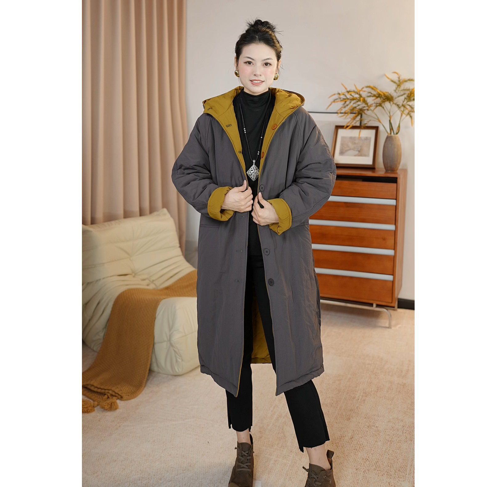 969新款宽松连帽两面穿棉服长款大码保暖加厚棉衣外塔时尚休闲