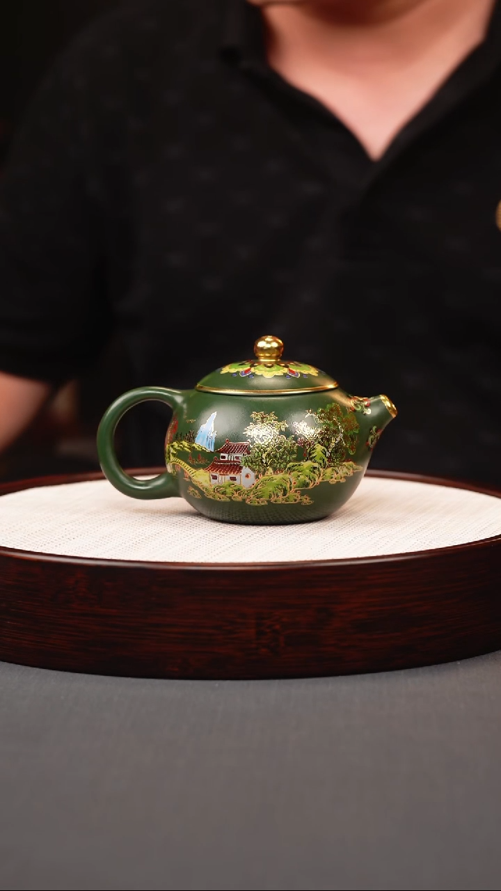 茶壶紫砂绿泥珐琅彩山水西施