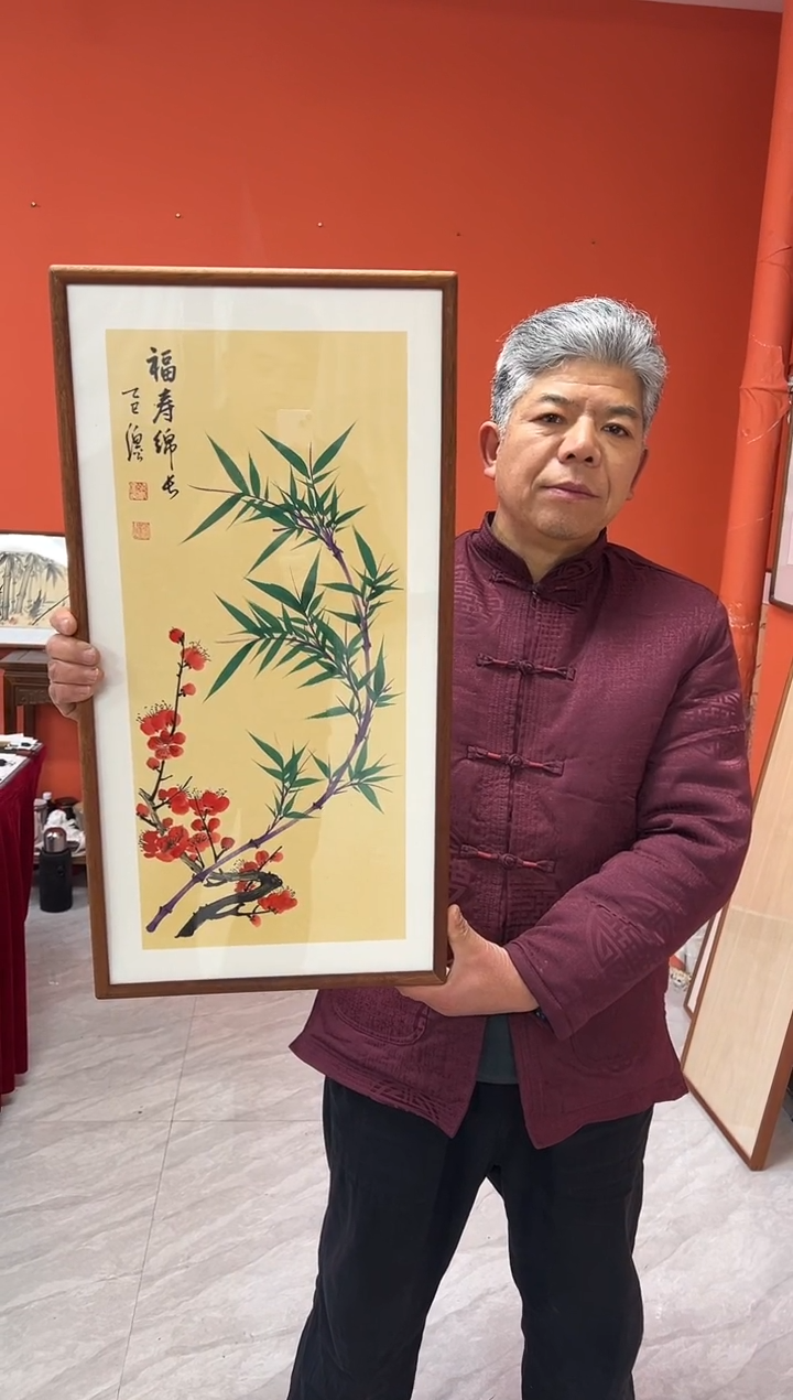 书法张富民手绘作品/福寿绵长（乌檀木外框）36*69cm左右