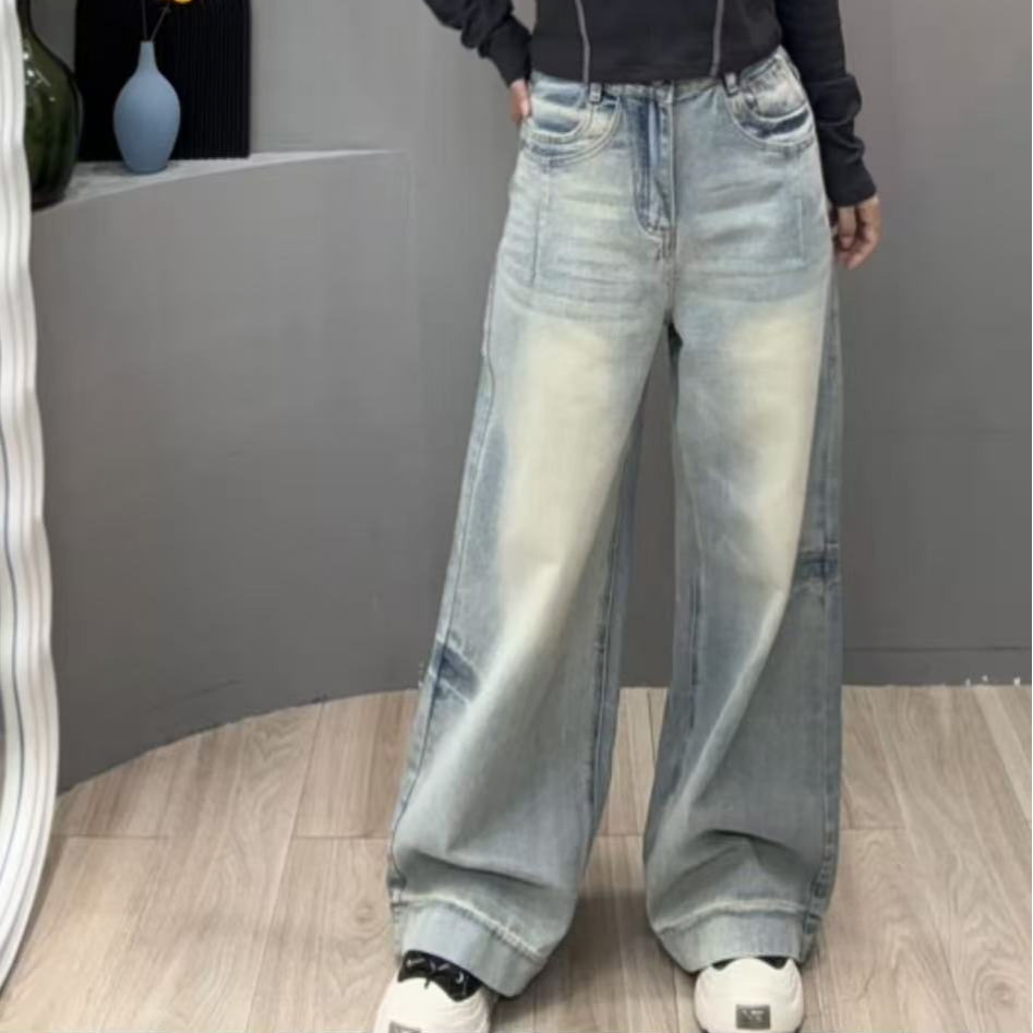 【双层口袋直筒阔腿牛仔裤】春季新款