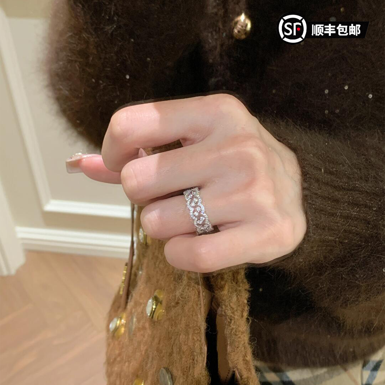 925银莫桑石戒指 蕾丝满天星二分之一通体S925银莫桑钻戒指