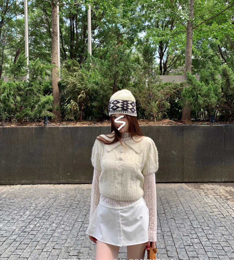 桃子崽崽 温柔风软糯泡泡袖毛衣女装小众别致镂空针内搭套装