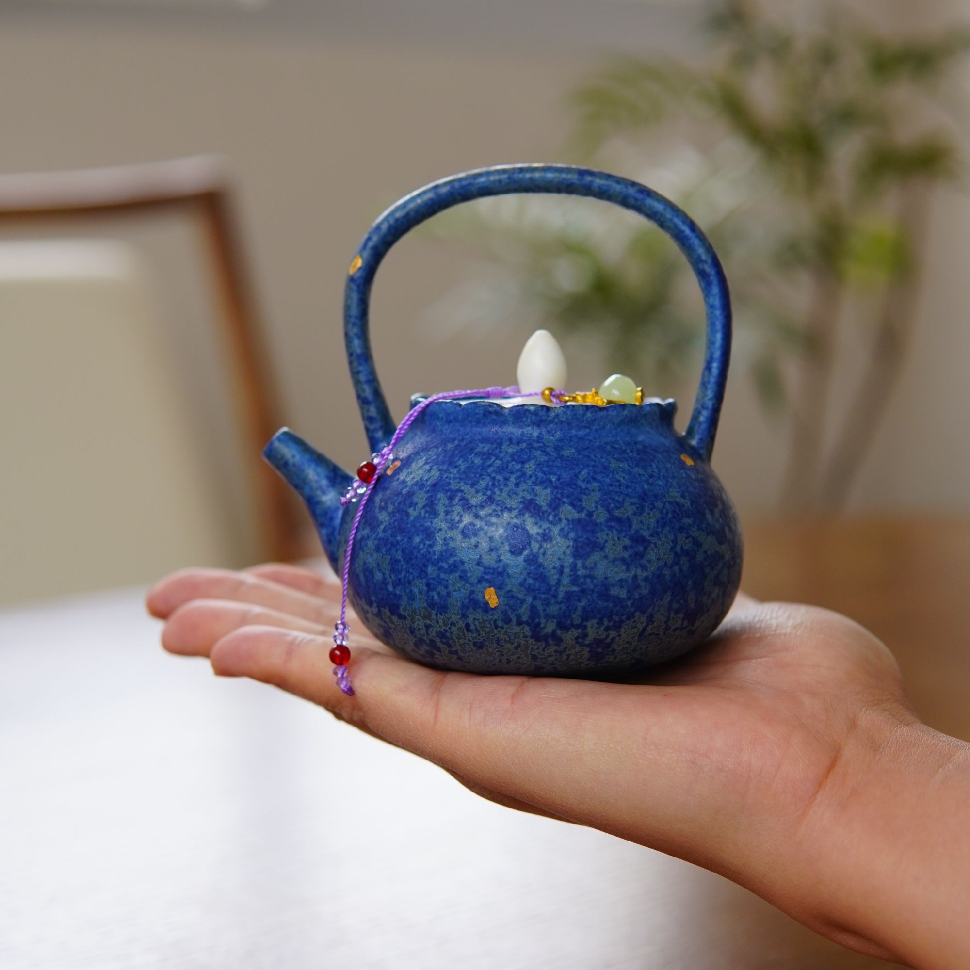 亘古宝蓝手绘洒金紫蝶提梁壶茶壶蓝色高颜值家用功夫茶具复古陶瓷