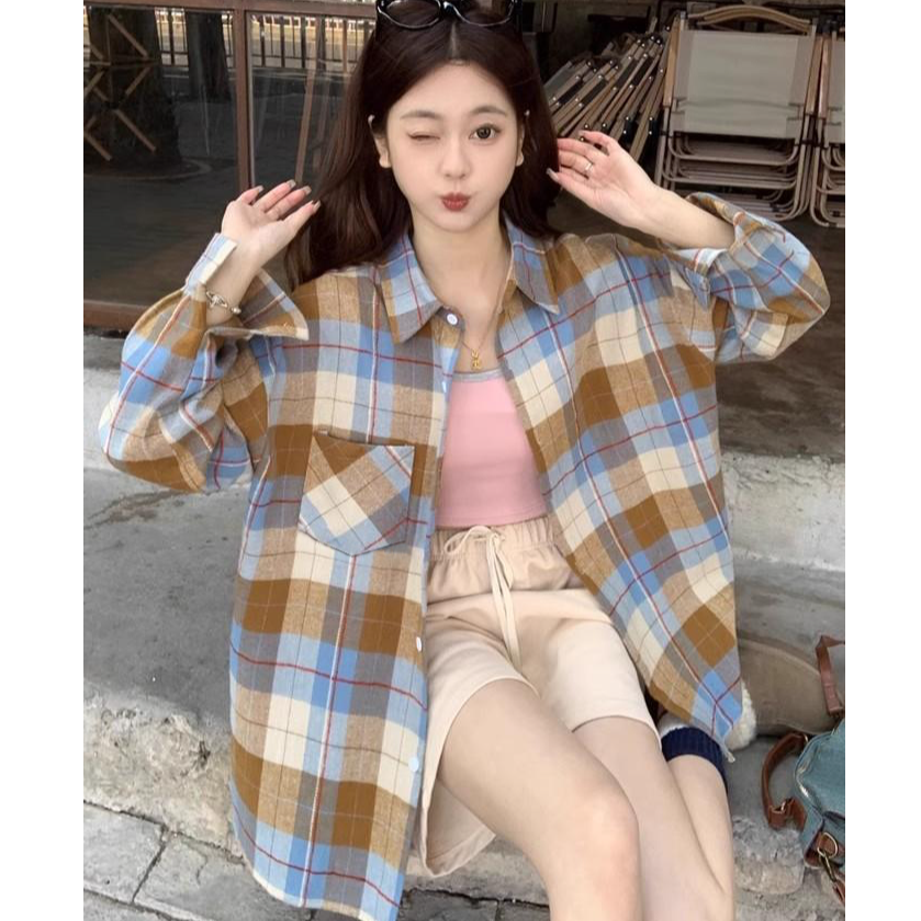 日系复古蓝色格纹衬衫外穿女2025新款港味chic宽松休闲情侣款衬衣