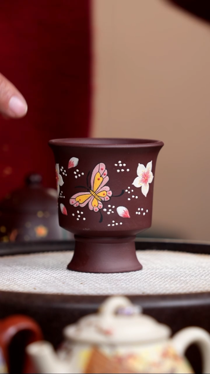 茶壶紫砂紫泥高脚杯蝴蝶粉