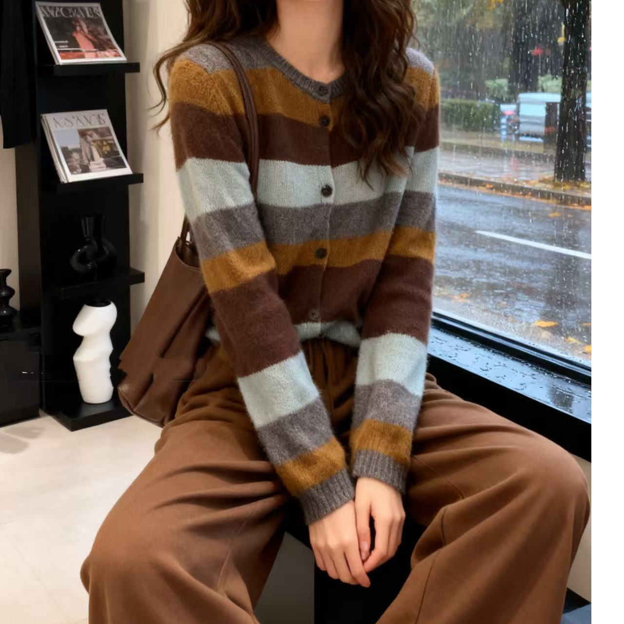 韩版条纹撞色圆领开衫羊毛衫女秋冬宽松显瘦百搭减龄美拉德