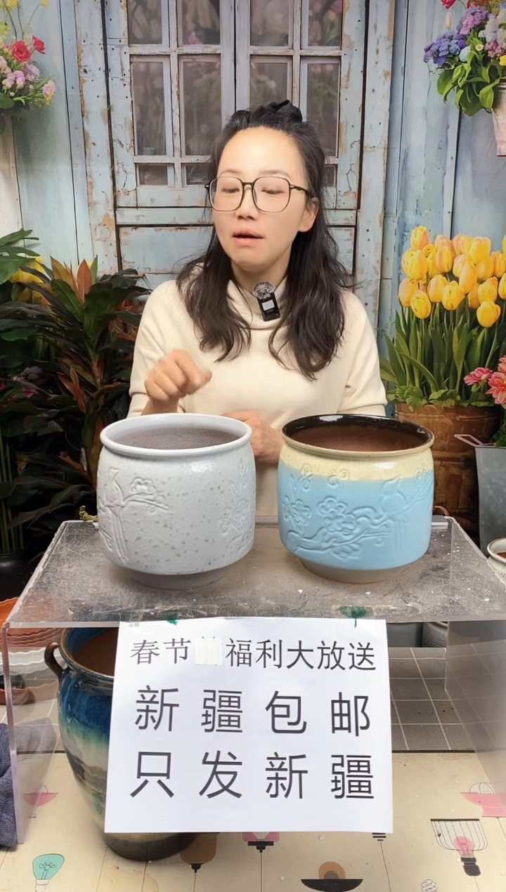 【闪购商品】红陶白蓝直口陶盆两个装