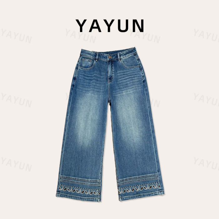 YAYUN 刺绣秋季女阔腿裤牛仔裤大直筒裤九分复古休闲水洗裤子蓝色