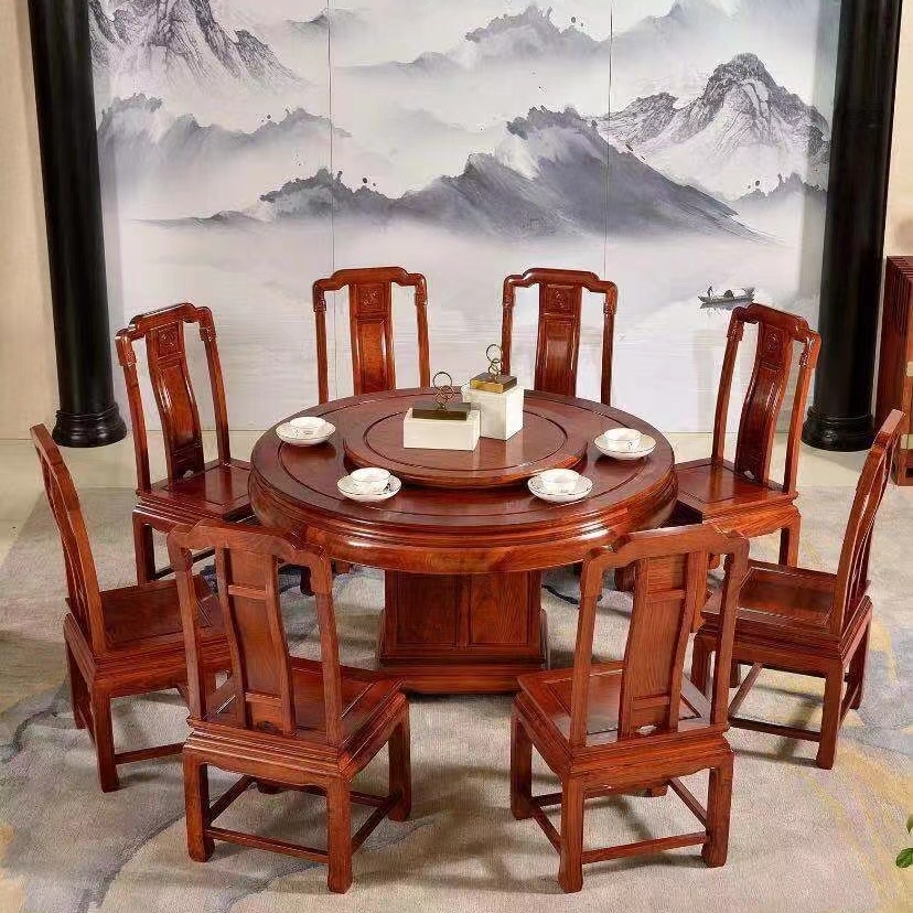 国标红木大果紫檀1.58米国色圆台11件套