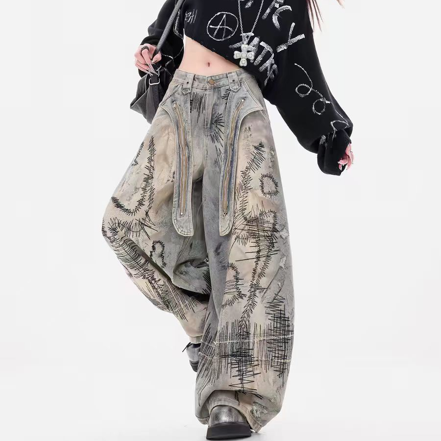 原单正品废土禁区原创废土风做旧脏染牛仔裤女刺绣宽松阔腿拖地裤