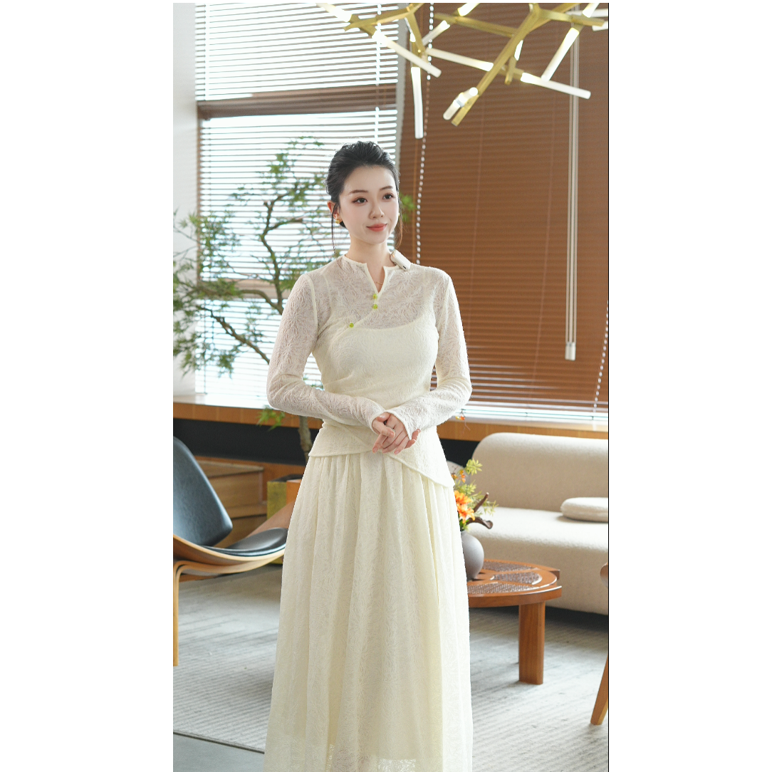 拾白新中式国风简约优雅修身褶皱肌理感针织羊毛秋冬打底衫SU4189