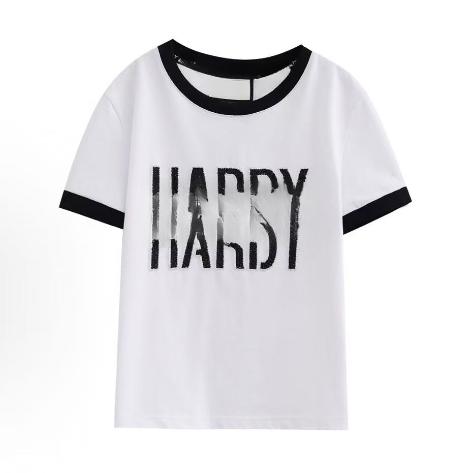 【娜娜】港姐潮牌三色字母编织钉珠UPF50+凉感纤维短袖T恤 42488